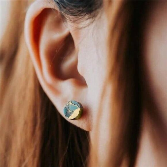 Genuine Turquoise Gold Plated Women Healing Reiki Dainty Oval Stud Earrings Gift - Picture 4 of 5